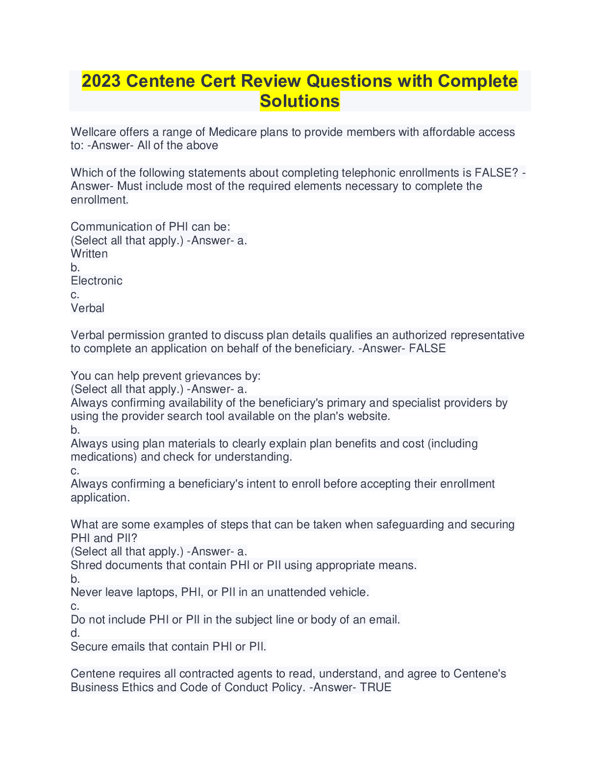 Preview image for 023 Centene Cert Review Questions with Complete Solutions